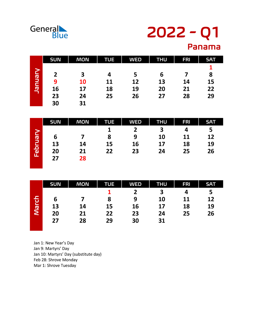  Q1 2022 Calendar with Holidays