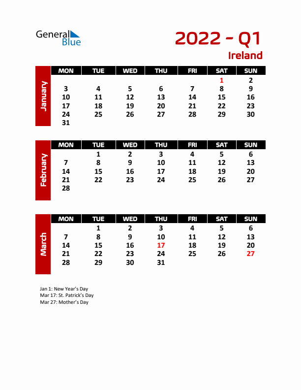 Three Month Calendar For Ireland Q1 Of 2022