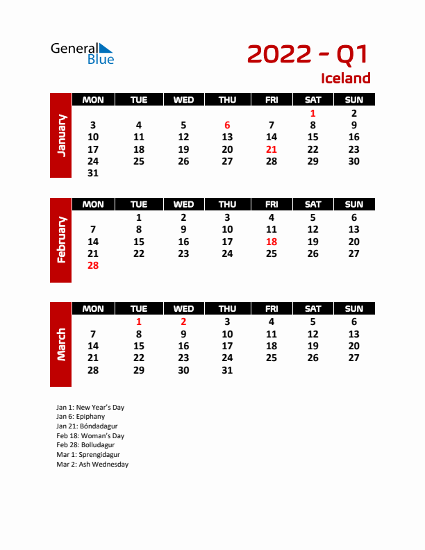 Q1 2022 Calendar with Holidays
