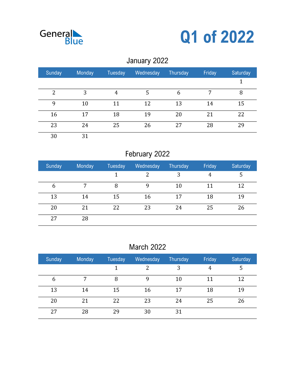 2022 q1 three month quarterly calendar