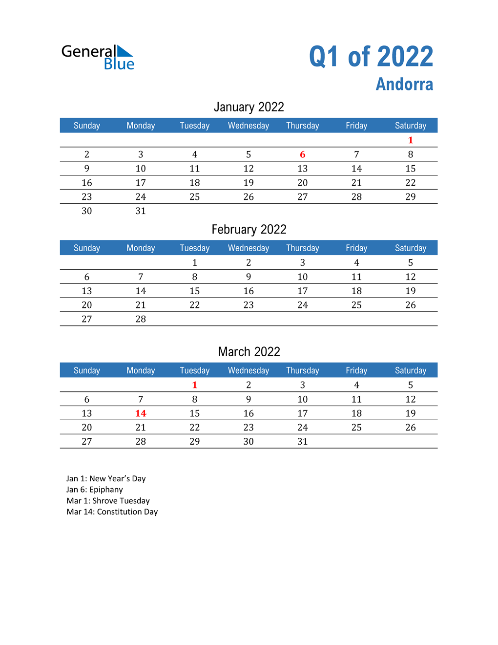  Andorra 2022 Quarterly Calendar 
