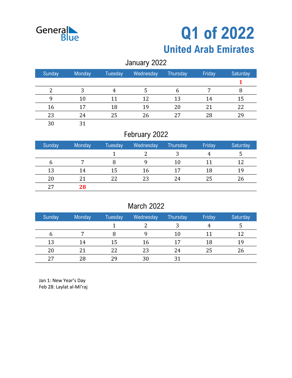  United Arab Emirates 2022 Quarterly Calendar 