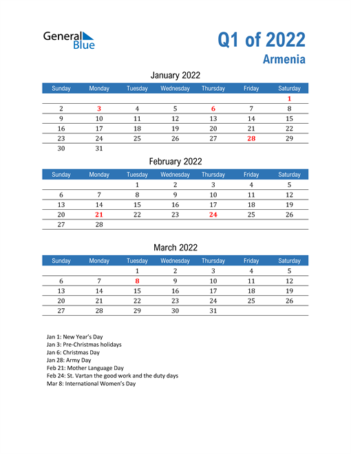  Armenia 2022 Quarterly Calendar 