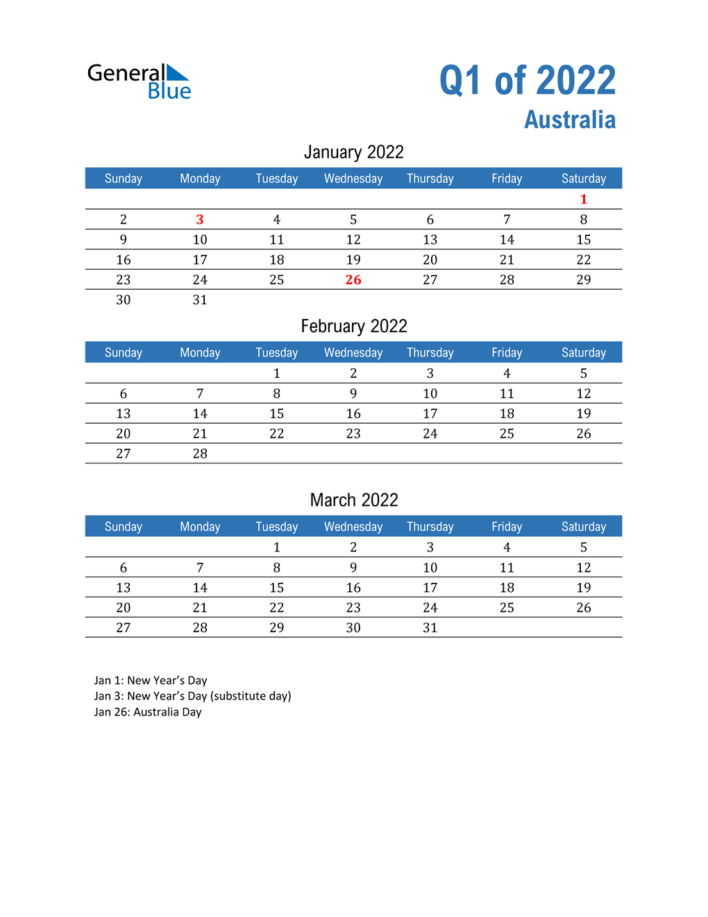 q1 2022 quarterly calendar for australia