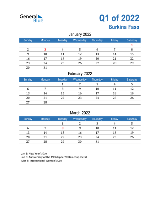  Burkina Faso 2022 Quarterly Calendar 