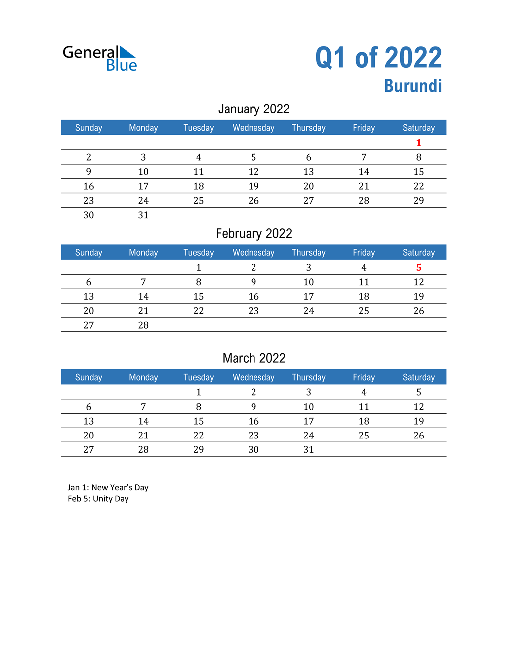  Burundi 2022 Quarterly Calendar 