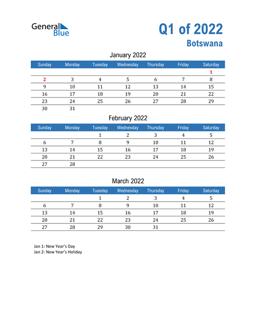  Botswana 2022 Quarterly Calendar 