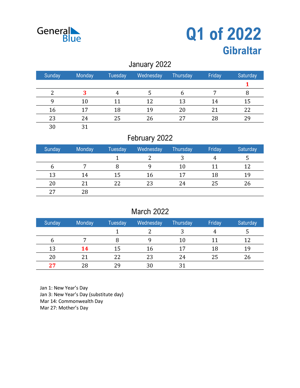  Gibraltar 2022 Quarterly Calendar 