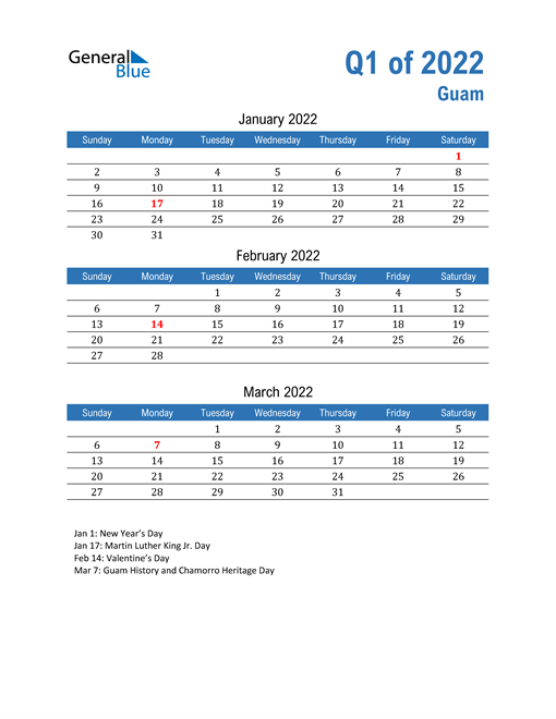  Guam 2022 Quarterly Calendar 