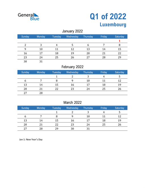  Luxembourg 2022 Quarterly Calendar 