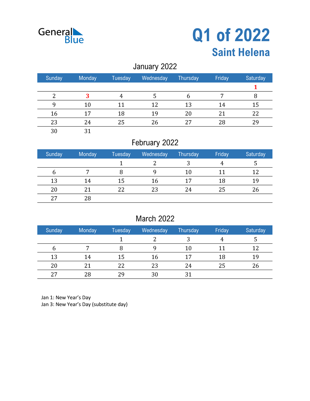  Saint Helena 2022 Quarterly Calendar 