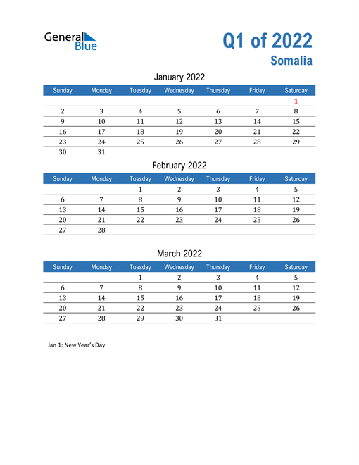  Somalia 2022 Quarterly Calendar 