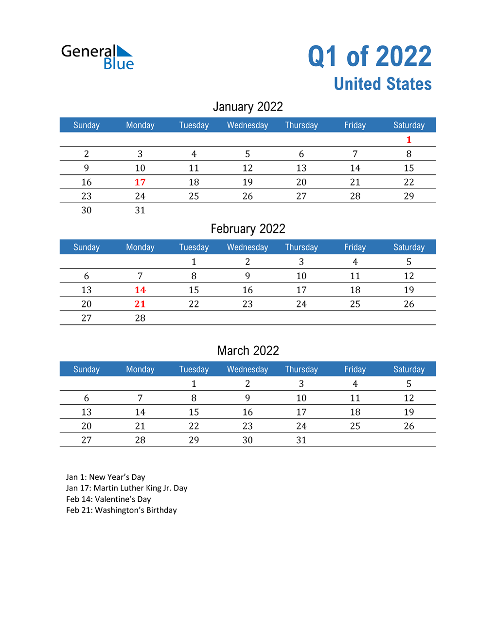 q1 2022 quarterly calendar for united states