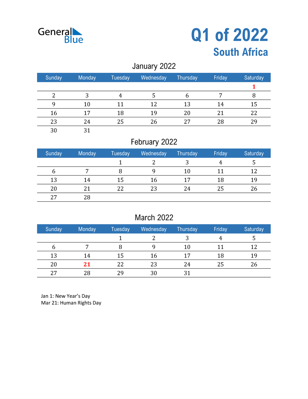 Q1 2022 Quarterly Calendar With South Africa Holidays 7532