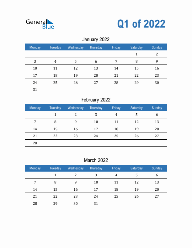 Fillable Quarterly Calendar for Q1 2022