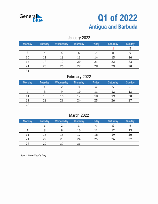 Antigua and Barbuda 2022 Quarterly Calendar with Monday Start