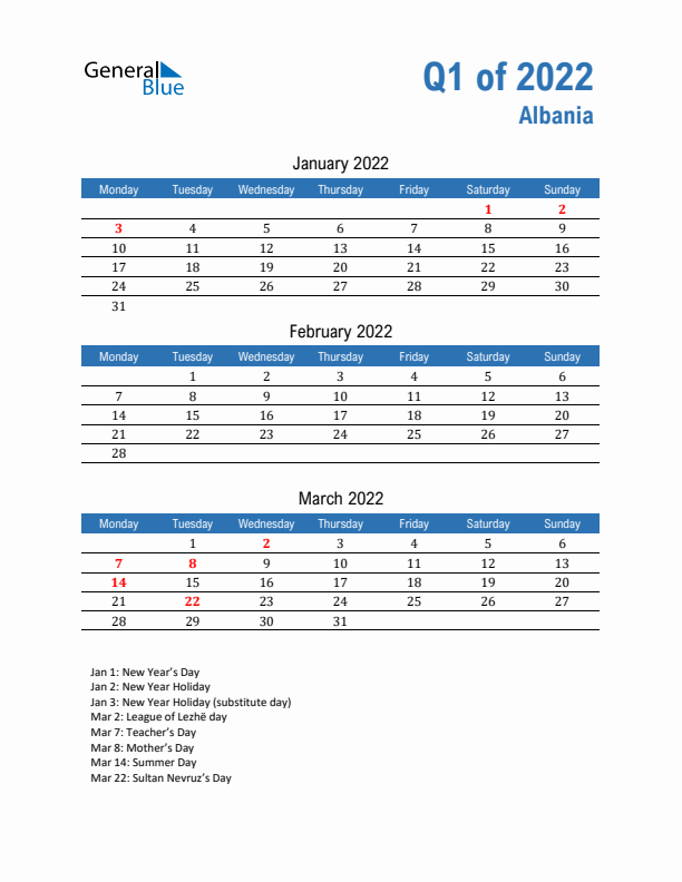 Albania 2022 Quarterly Calendar with Monday Start
