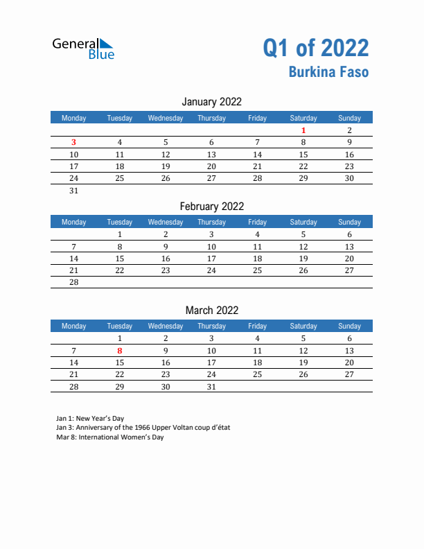 Burkina Faso 2022 Quarterly Calendar with Monday Start