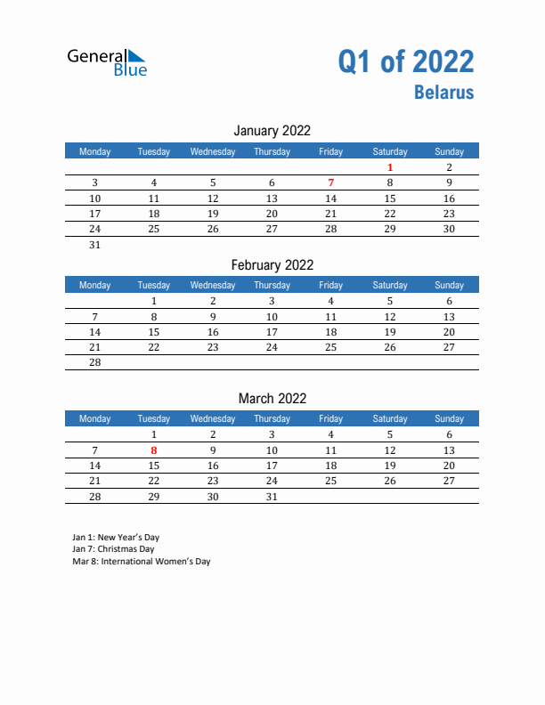 Belarus 2022 Quarterly Calendar with Monday Start