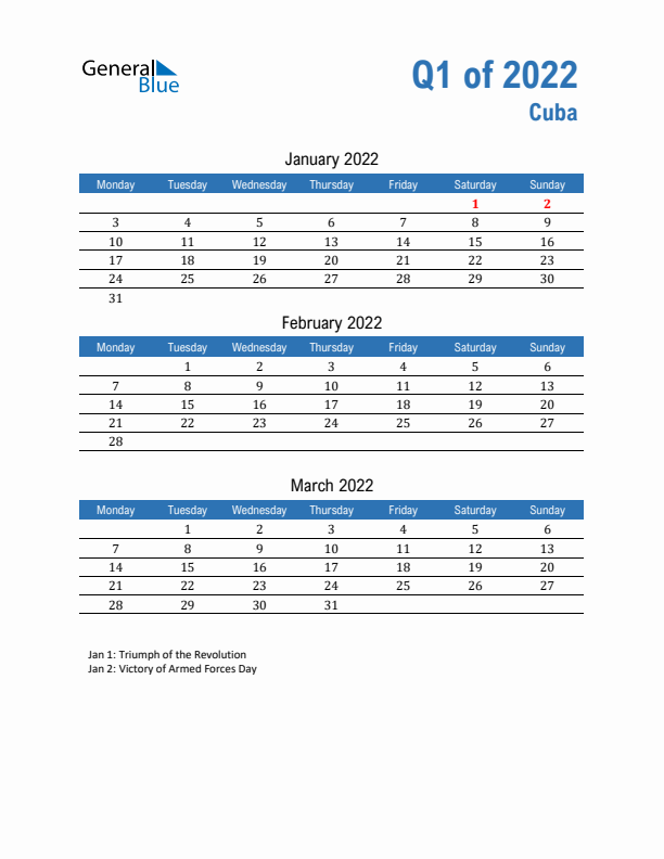 Cuba 2022 Quarterly Calendar with Monday Start
