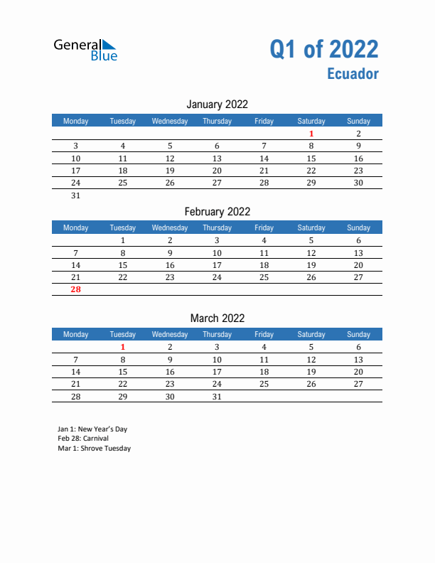 Ecuador 2022 Quarterly Calendar with Monday Start