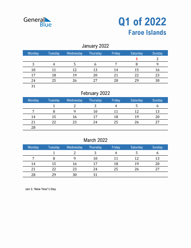 Faroe Islands 2022 Quarterly Calendar with Monday Start