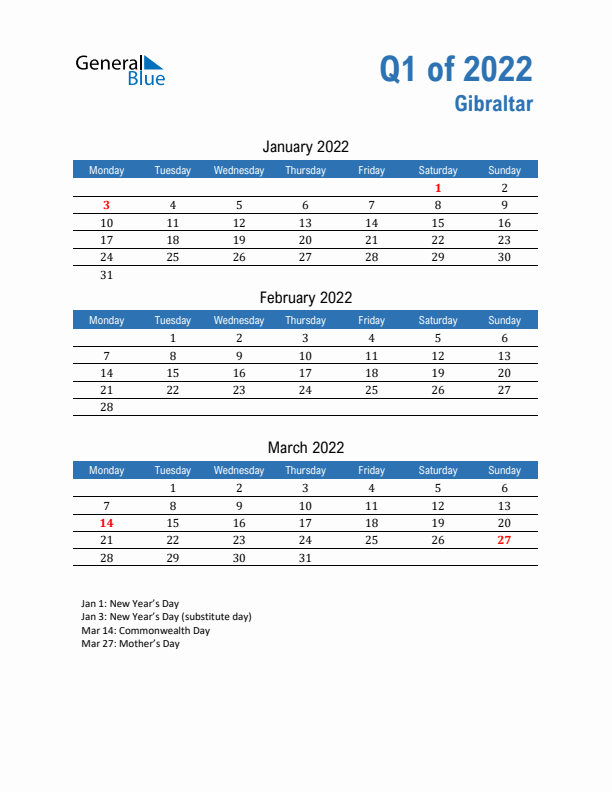 Gibraltar 2022 Quarterly Calendar with Monday Start