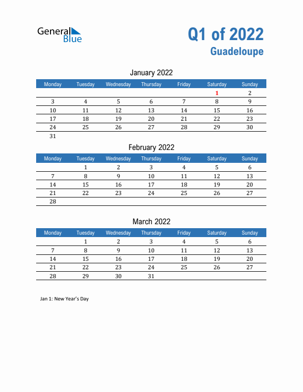 Guadeloupe 2022 Quarterly Calendar with Monday Start