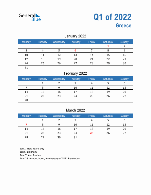 Greece 2022 Quarterly Calendar with Monday Start
