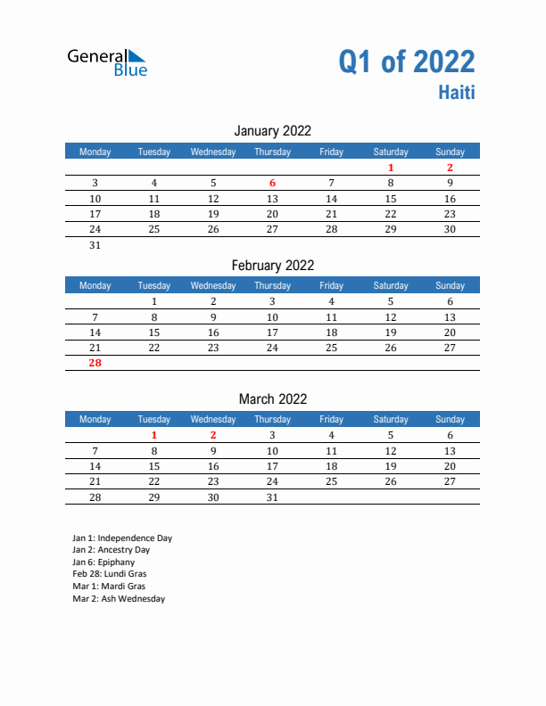 Haiti 2022 Quarterly Calendar with Monday Start