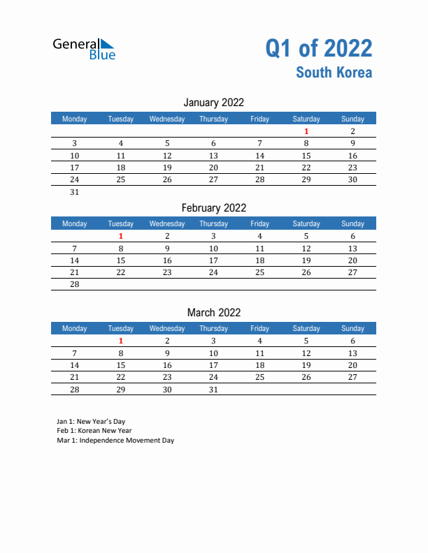 South Korea 2022 Quarterly Calendar with Monday Start