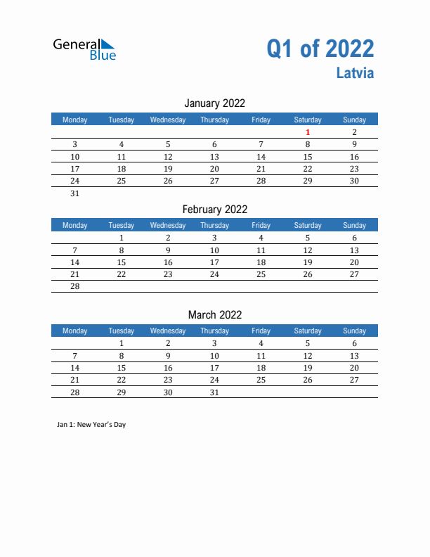 Latvia 2022 Quarterly Calendar with Monday Start