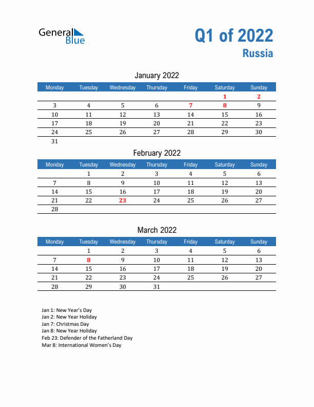 Russia 2022 Quarterly Calendar with Monday Start
