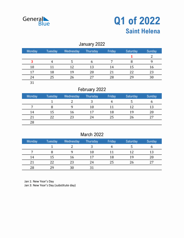 Saint Helena 2022 Quarterly Calendar with Monday Start