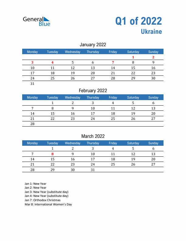 Ukraine 2022 Quarterly Calendar with Monday Start