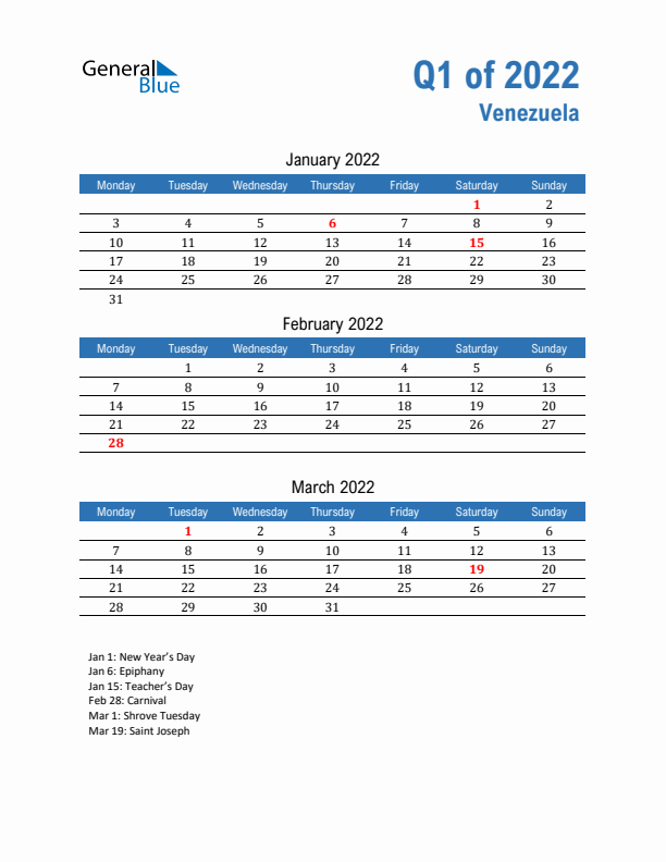 Venezuela 2022 Quarterly Calendar with Monday Start