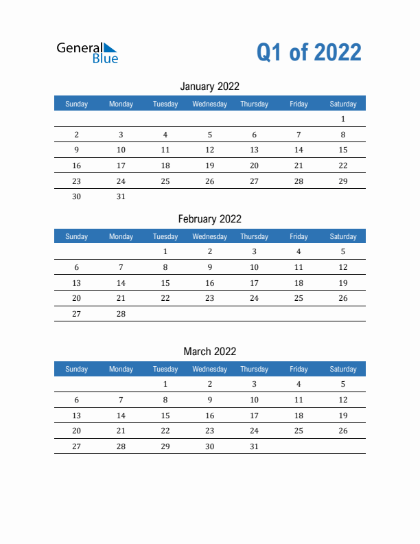 Fillable Quarterly Calendar for Q1 2022