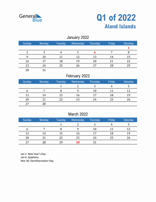 Aland Islands 2022 Quarterly Calendar with Sunday Start