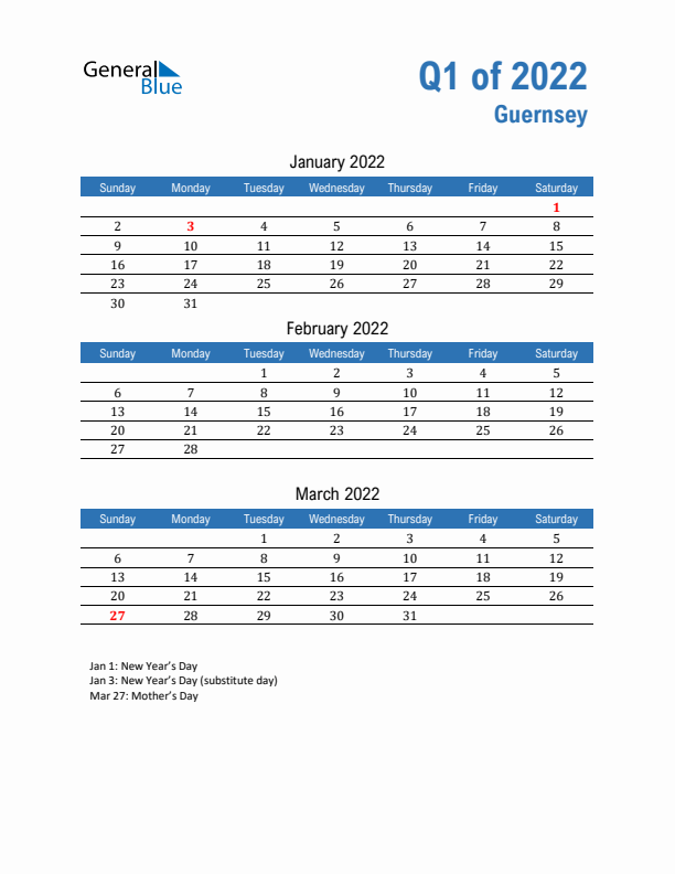 Guernsey 2022 Quarterly Calendar with Sunday Start