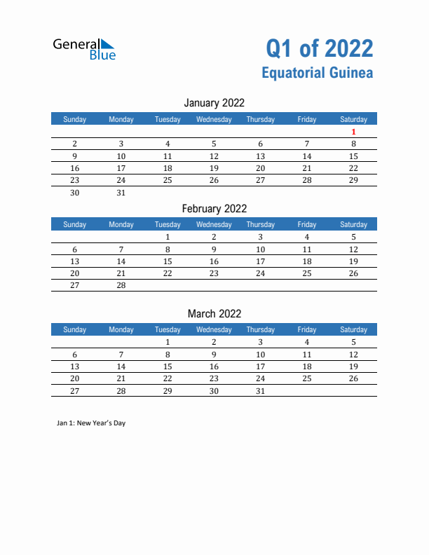 Equatorial Guinea 2022 Quarterly Calendar with Sunday Start