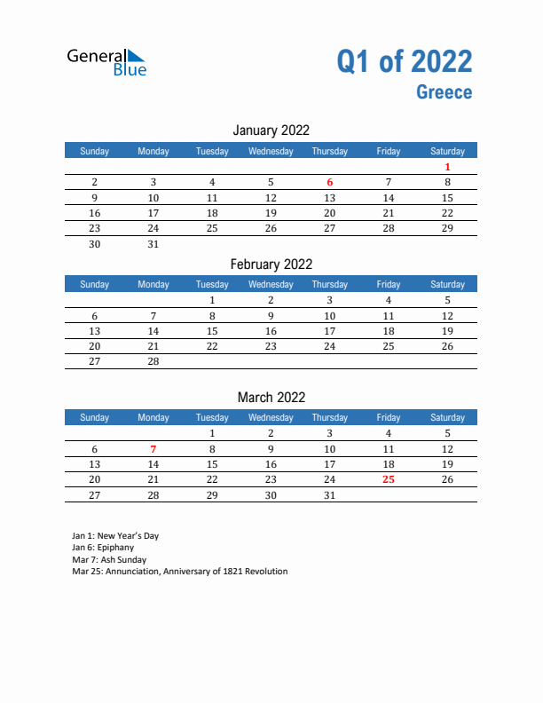 Greece 2022 Quarterly Calendar with Sunday Start