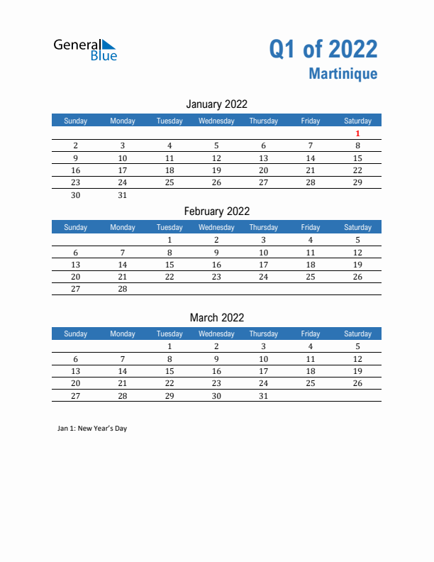 Martinique 2022 Quarterly Calendar with Sunday Start