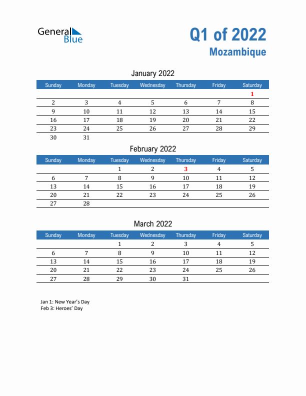 Mozambique 2022 Quarterly Calendar with Sunday Start