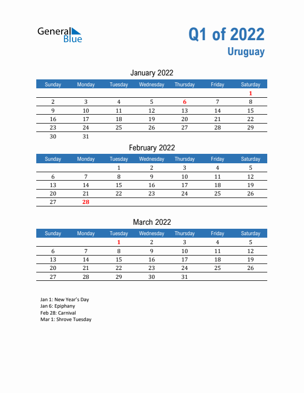 Uruguay 2022 Quarterly Calendar with Sunday Start