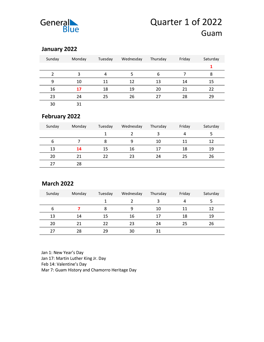  2022 Three-Month Calendar for Guam