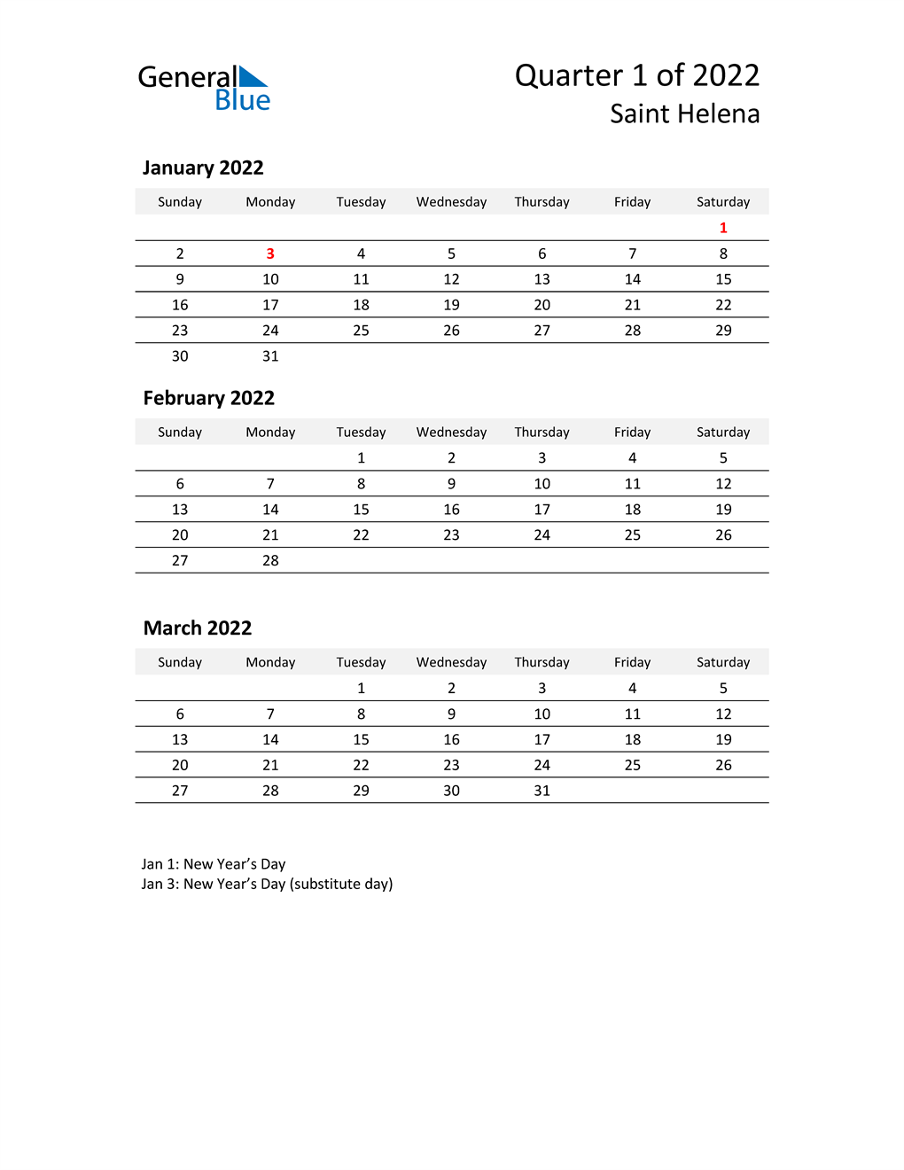  2022 Three-Month Calendar for Saint Helena