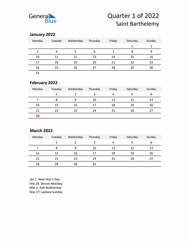 2022 Three-Month Calendar for Saint Barthelemy