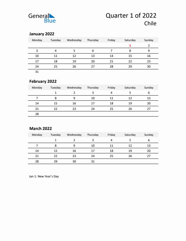 2022 Three-Month Calendar for Chile