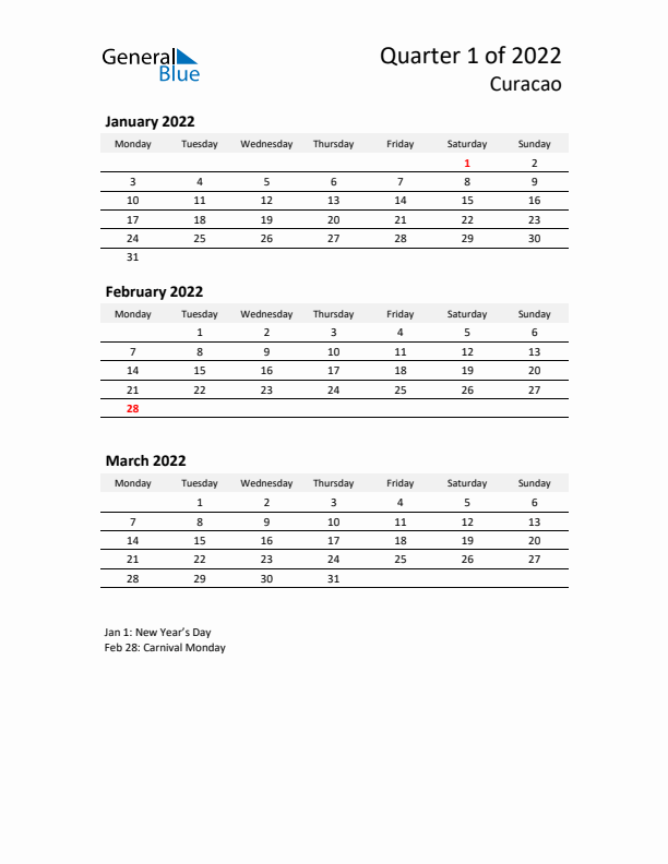 2022 Three-Month Calendar for Curacao