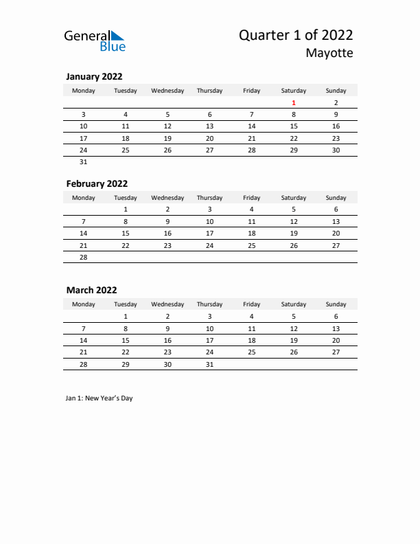 2022 Three-Month Calendar for Mayotte